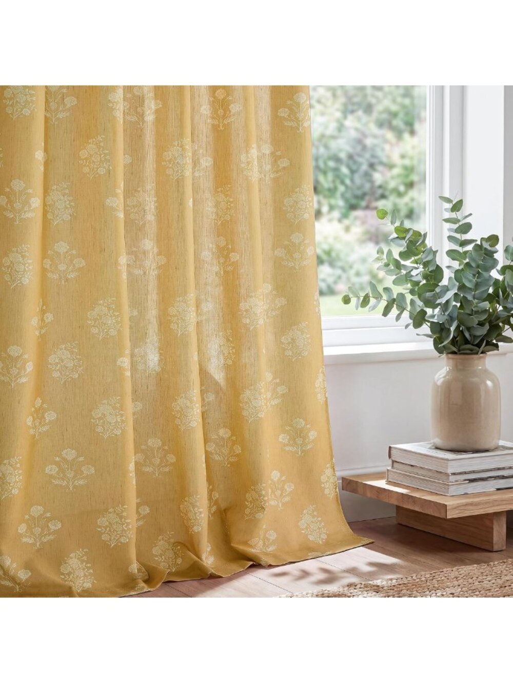 Yellow Floral Linen Curtains for Autumn, 2 Panels W52 x L84, Home Decor